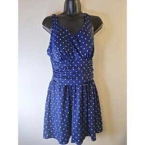 d&CO.BEACH Navy Polkadot One Piece Swimsuit Women's Sz 12 Ruched Skirt Beach‎